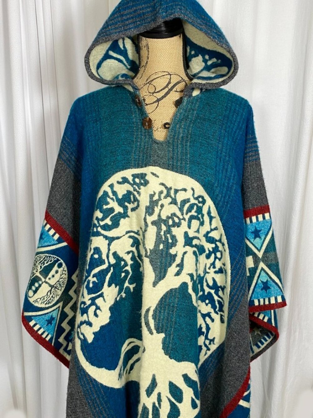 Tejidos Caymi Poncho Tree of Life Alpaca Blend Aztec Boho Fringe Shawl Soft Warm